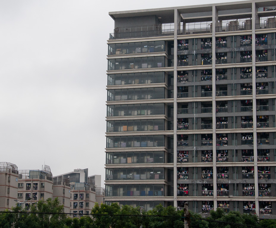 A view of Foxconn dormitories, known for their "suicide fences" on top of the buildings.